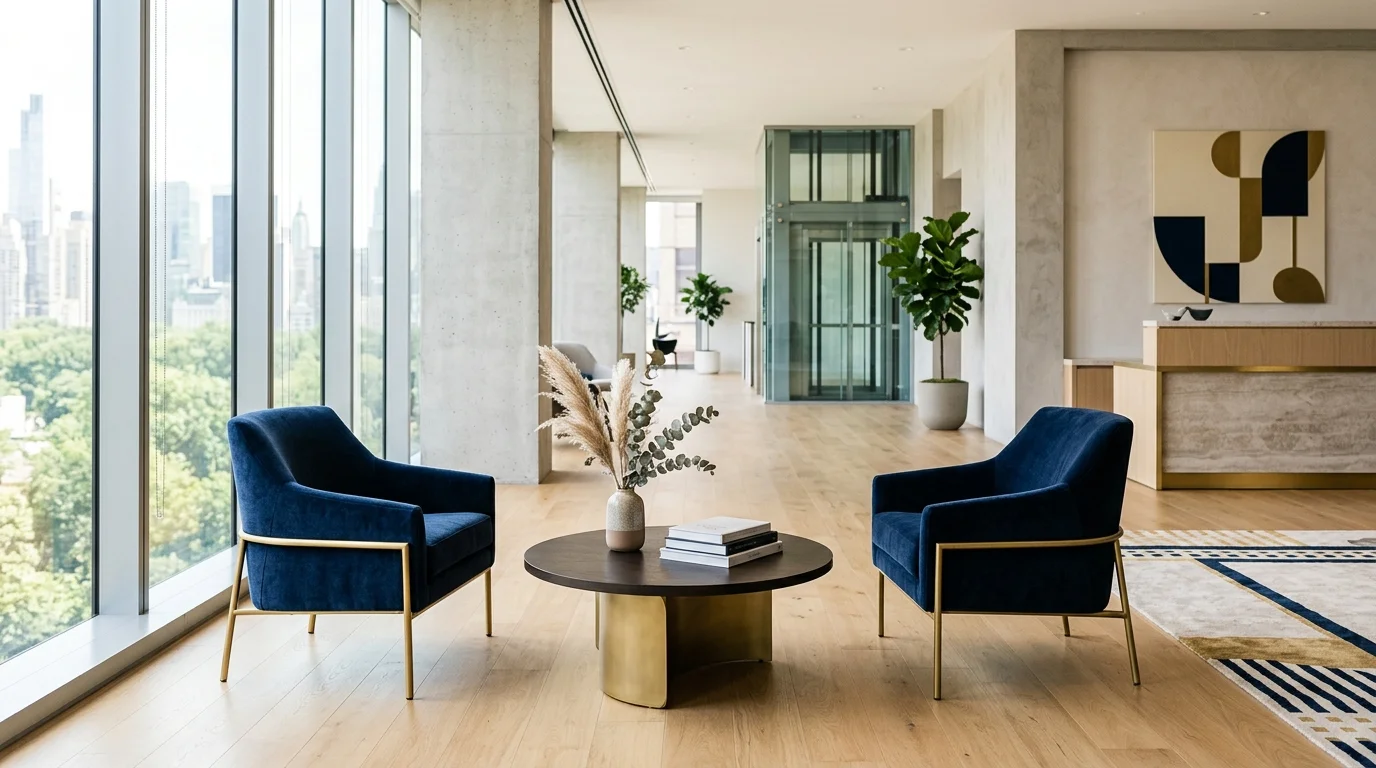 Helle Bürolobby mit zwei einander zugewandten Sesseln und einem niedrigen Tisch