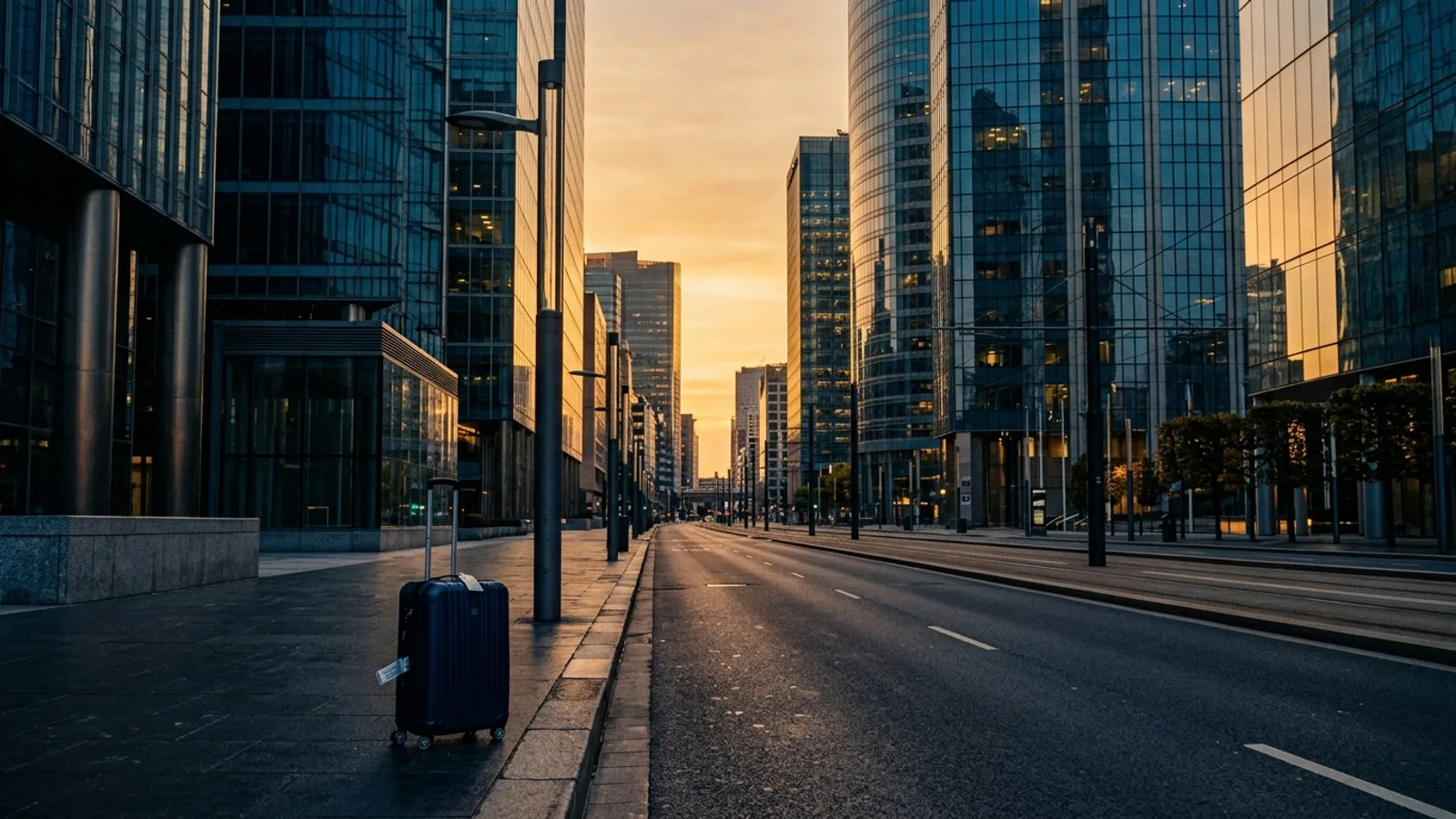 International business district at golden hour
